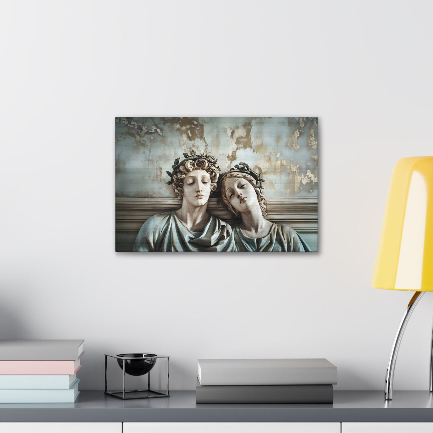 Horizontal-oriented wall art: "Tranquil Companions" Two classical statues, rest their heads against each other with eyes closed, evoking a serene sense of companionship. The weathered background with soft pastel tones and hints of gold adds to the tranquil, nostalgic ambiance of the artwork.