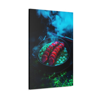 Vertical-oriented wall art: "Xeno Cuisine II." A glowing plate of vibrant red alien meat and bioluminescent green vegetables sits on a dark, misty backdrop. The surreal lighting and vivid colors evoke a futuristic, otherworldly atmosphere.