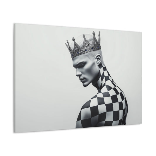 Horizontal-oriented wall art: "Monarch of Symmetry" "A regal figure with a geometric checkered design across his body and a detailed crown, embodying the perfect blend of symmetry and authority. The minimalist white background emphasizes the striking contrast and elegance of the Sovereign Precision collection.