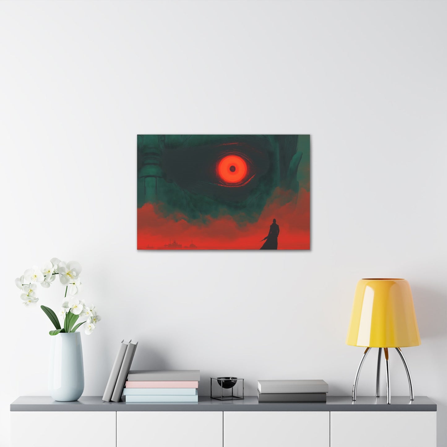 Horizontal-Oriented wall art: A lone hero stands before a massive, glowing red eye that dominates the dark, ominous landscape, symbolizing the looming threat of the final boss. The intense contrast of deep greens and fiery reds heightens the tension, capturing the moment before an epic battle.