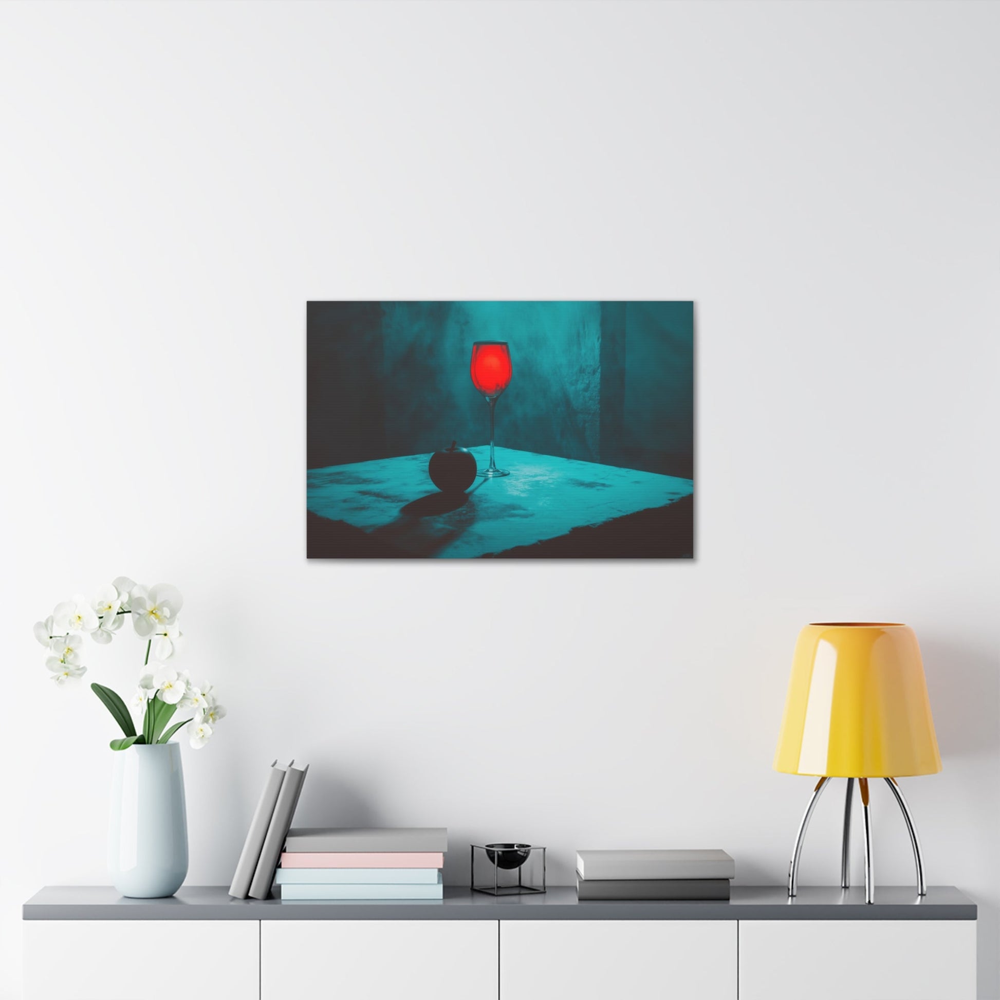 Horizontal-oriented wall art: "Eden’s Reflection" A glowing crimson wine glass and a shadowed black apple rest on a textured table, surrounded by a misty teal atmosphere. This gothic still-life composition captures an air of mystery and temptation with its striking interplay of light and shadow.