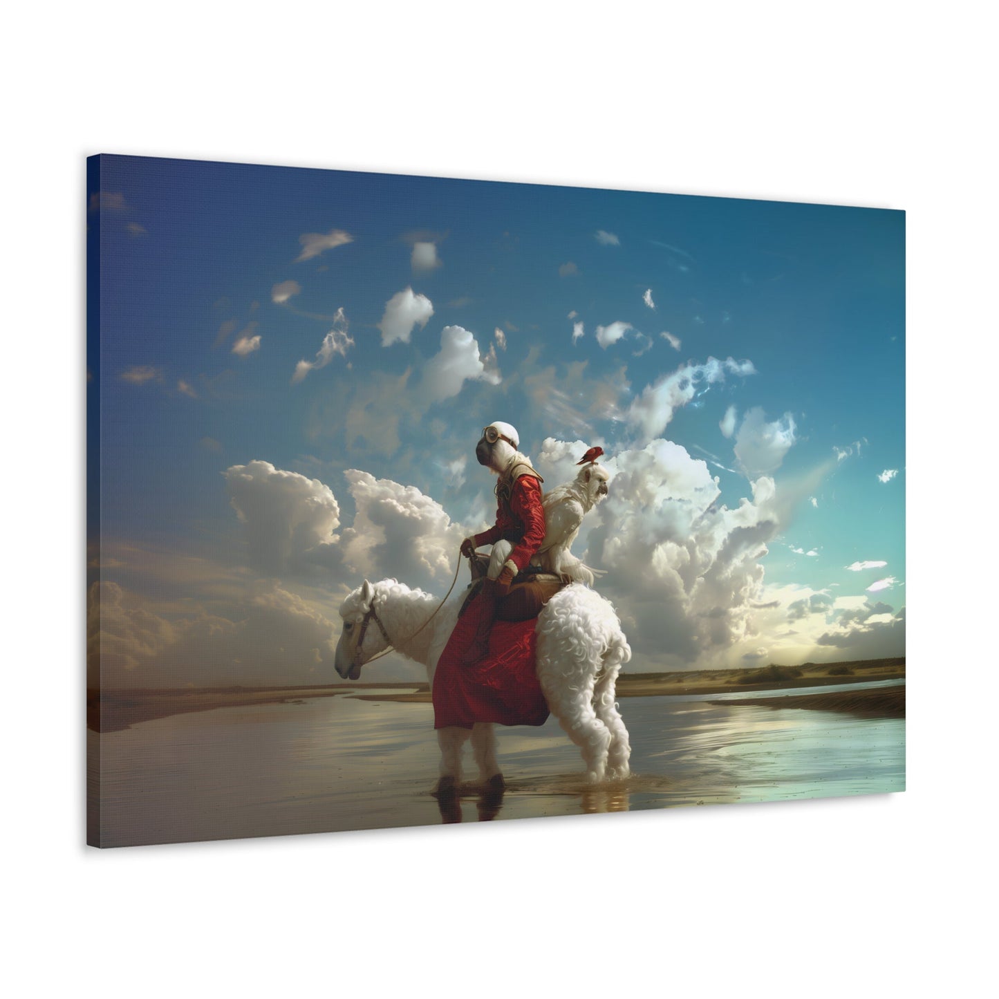 Horizontal-oriented wall art: A surreal photorealistic artwork featuring a monkey dressed in a red top and brown boots riding a white alpaca through shallow water in the desert. The monkey is accompanied by a red bird and a white parrot, all under a cloudy blue sky.