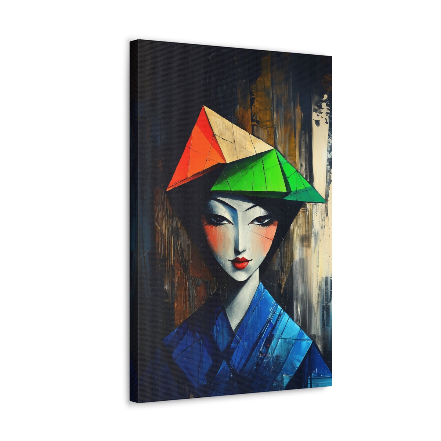 Vertical-oriented wall art: "Fractured Elegance." An Asian woman in traditional attire is depicted in a Cubist style, her serene expression framed by angular geometric shapes in blue, green, and orange. Dramatic lighting highlights the vibrant palette and intricate textures, creating a sophisticated and ethereal composition.