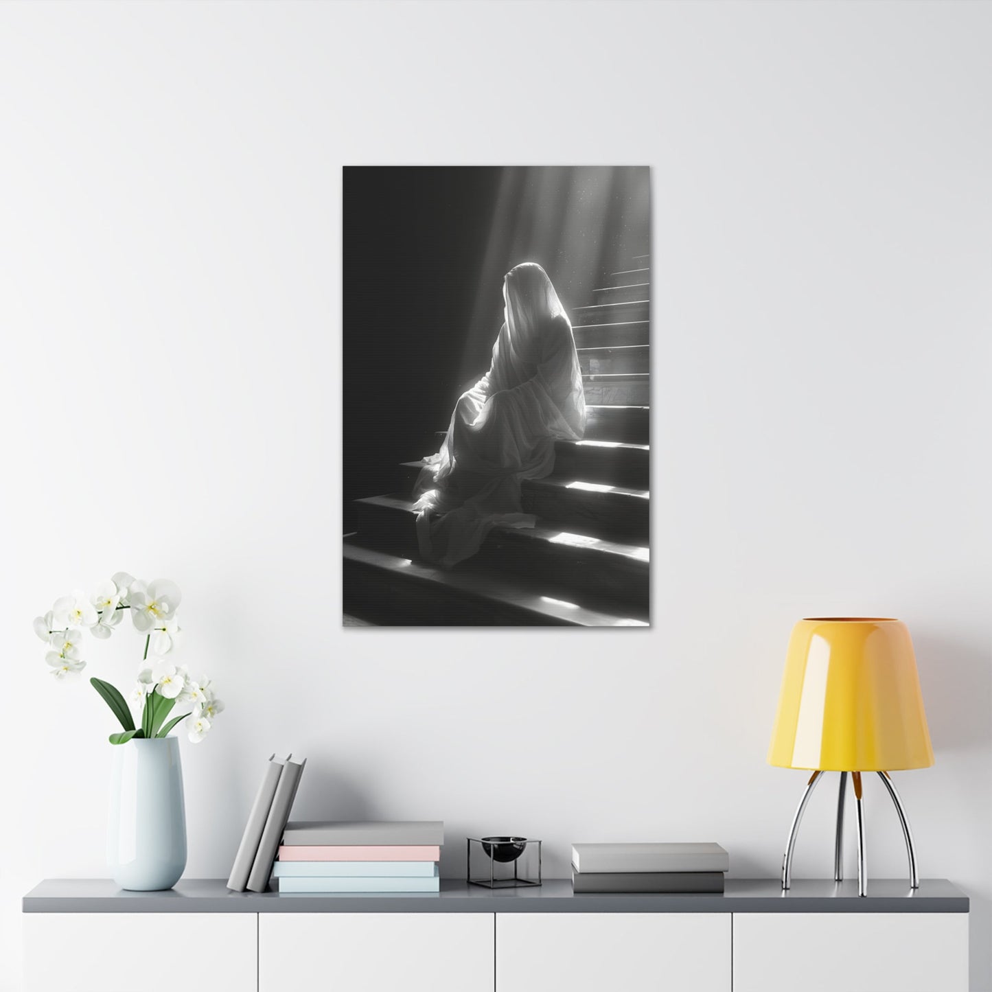 Vertical-oriented wall art: An eerie depiction of a ghostly apparition, its translucent form sitting on stairs, surrounded by a soft, ethereal glow.