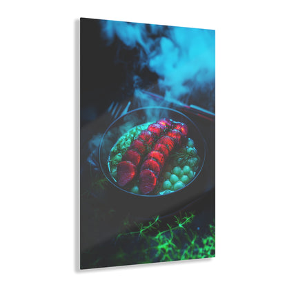 Vertical-oriented wall art: "Xeno Cuisine II." A glowing plate of vibrant red alien meat and bioluminescent green vegetables sits on a dark, misty backdrop. The surreal lighting and vivid colors evoke a futuristic, otherworldly atmosphere.