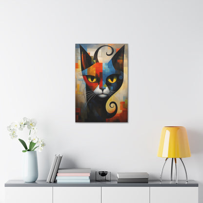 Vertical-oriented wall art: A vibrant cubist-style portrait of a cat, featuring a geometric composition with bold shapes and colors. The cat's eyes are bright yellow, set against a dynamic background of intersecting blocks in shades of red, blue, orange, and yellow.