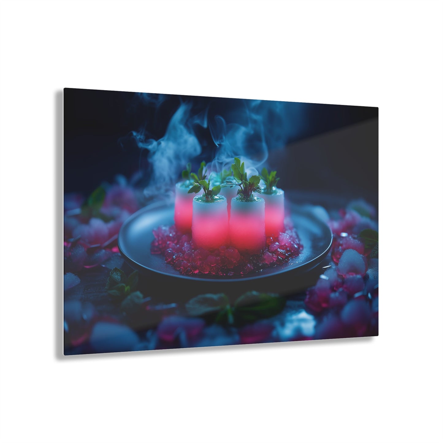 Horizontal-oriented wall art: "Xeno Cuisine." A glowing arrangement of alien meat and bioluminescent vegetables sits on an obsidian plate, surrounded by vapor and crystalline accents. The vibrant pink and cool blue tones contrast against the dark background, creating an otherworldly and surreal atmosphere.