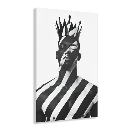 Vertical-oriented wall art: "Crown of Dignity II" A regal portrait of a man wearing a bold, geometric crown, with black and white stripes painted across his face and body. The minimalist composition emphasizes strength, elegance, and cultural pride in a modern, abstract style.