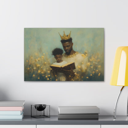 Horizontal-oriented wall art: A kingly father reads to his princely son, both adorned with crowns symbolizing the value of education. The painting features a magical realism style with whimsical elements, emphasizing the importance of knowledge and the bond between generations.