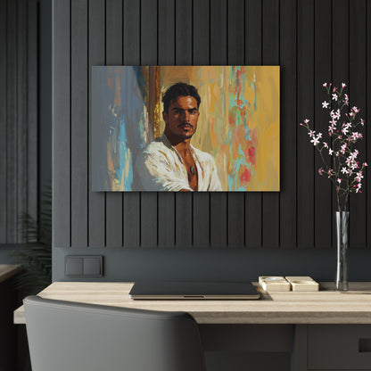 Horizontal-oriented wall art: "Stillness in Strength." A contemplative Latino man gazes forward with quiet confidence, surrounded by warm golden hues and cool blue accents. The oil painting style and radiant lighting create a refined and introspective composition.