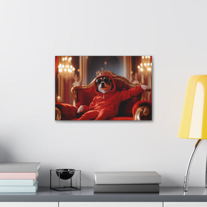 Horizontal-oriented wall art: "Crowned Companion III" A stylish dog lounges on a golden throne, wearing a crown, sunglasses, and a red hoodie in a luxurious royal setting. This playful artwork combines elegance and humor, portraying the pet as a modern ruler with personality.