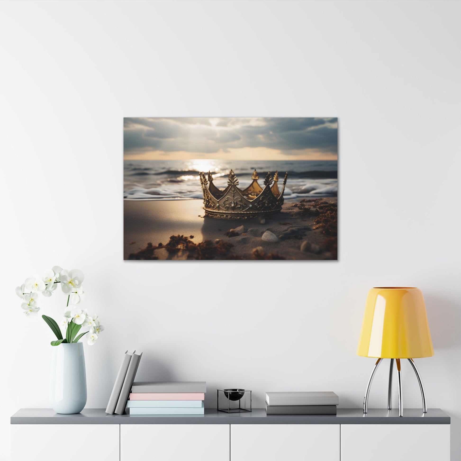 Horizontal-oriented wall art: "Find Your Crown" A golden crown rests gracefully on a sandy shore, illuminated by the warm glow of a sunset over gentle ocean waves. This evocative scene symbolizes self-discovery and the pursuit of inner majesty.