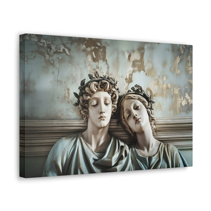 Horizontal-oriented wall art: "Tranquil Companions" Two classical statues, rest their heads against each other with eyes closed, evoking a serene sense of companionship. The weathered background with soft pastel tones and hints of gold adds to the tranquil, nostalgic ambiance of the artwork.