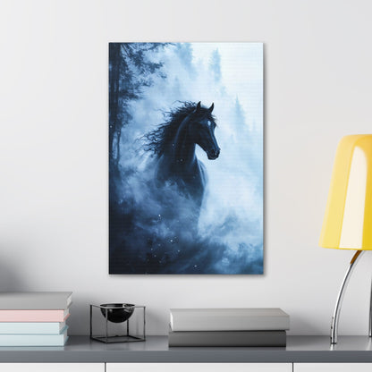 Vertical-oriented wall art: "Shadowed Stallion IV" A powerful black stallion charges through a misty forest, its mane flowing wildly as snow swirls around it. The contrast between the horse's dark figure and the soft, ethereal fog creates a striking, otherworldly scene.