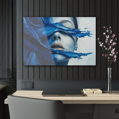 Horizontal-oriented wall art "Tides of the Mind" A surreal portrait of a woman's face partially obscured by flowing waves of cobalt blue paint. The image evokes a sense of introspection and calm, blending realistic features with abstract, fluid movement.