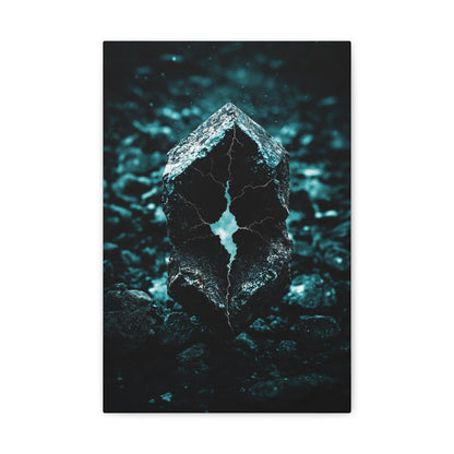 Vertical-oriented wall art: "Fractured Veil II" A glowing, fractured stone with jagged teal cracks sits amid a dark, rocky terrain, radiating an otherworldly light. The hyperreal textures and eerie illumination evoke a sense of mystery and untapped cosmic power.