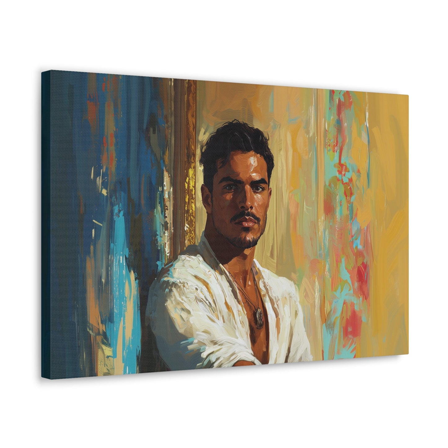 Horizontal-oriented wall art: "Stillness in Strength." A contemplative Latino man gazes forward with quiet confidence, surrounded by warm golden hues and cool blue accents. The oil painting style and radiant lighting create a refined and introspective composition.