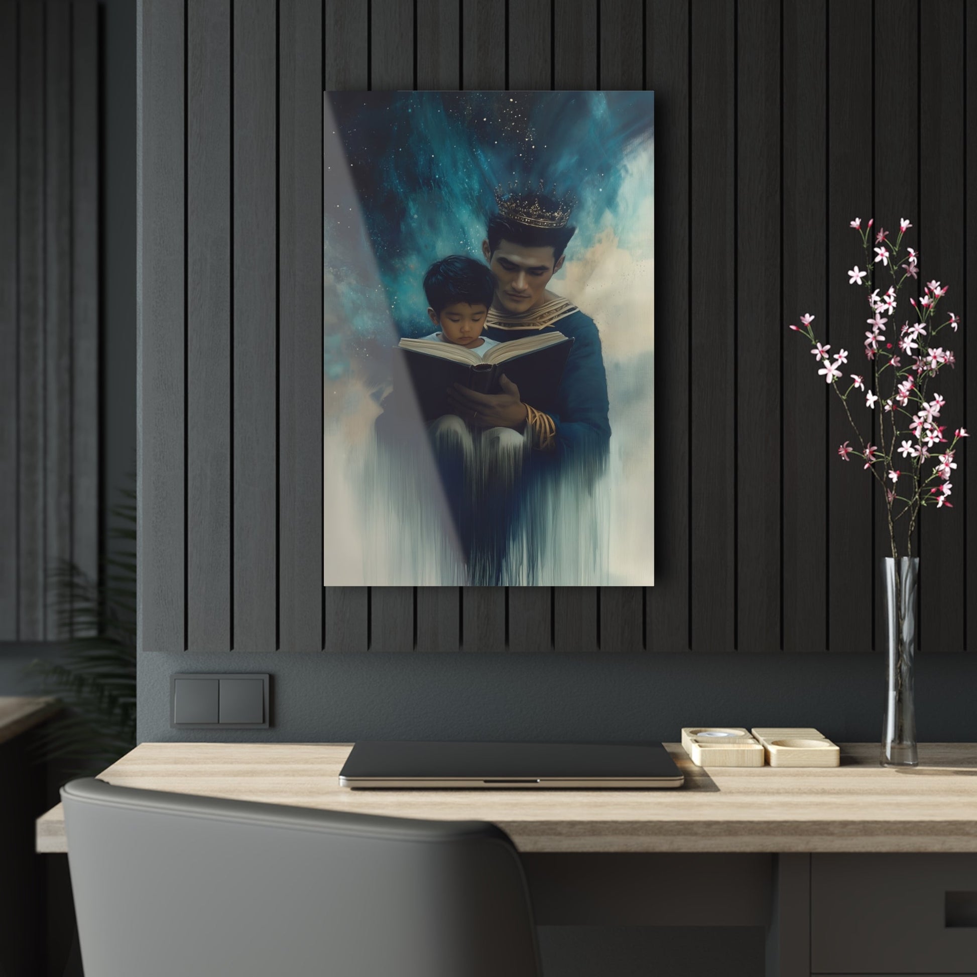 Vertical-oriented wall art: "Crowning Knowledge VI" depicts a father and son wearing golden crowns, reading a book together, surrounded by a swirling, cosmic blue and teal background. The soft, ethereal atmosphere emphasizes the serene and mystical bond of shared learning and wisdom between the two figures.