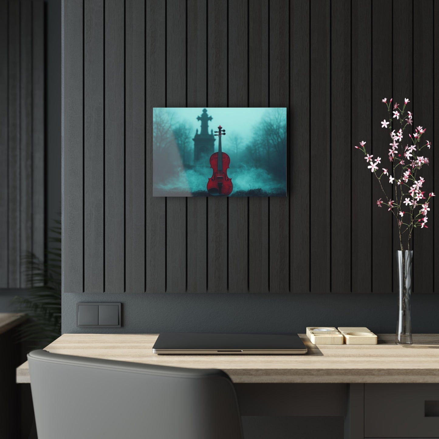 Horizontal-oriented wall art: "The Mourning Violin." A vivid red violin stands alone in a misty graveyard, framed by a dark, Gothic cross in the background. Diffused teal lighting and soft shadows create a haunting and melancholic atmosphere.