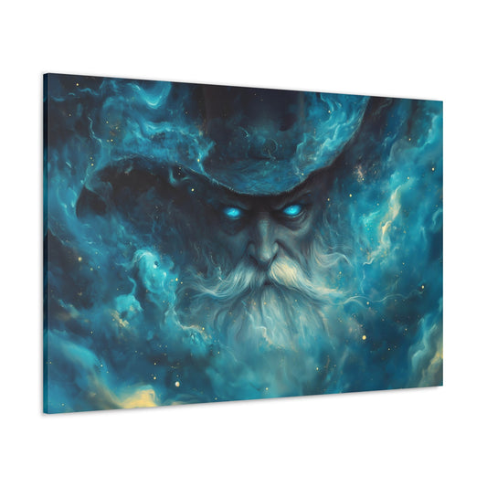 Horizontal-oriented wall art: "The Wizard's Veil" A mystical portrait of a wizard with glowing blue eyes, emerging from a swirling cosmic veil of deep blues and gold accents. The artwork captures the ethereal presence of an ancient sorcerer surrounded by stardust and celestial energy.