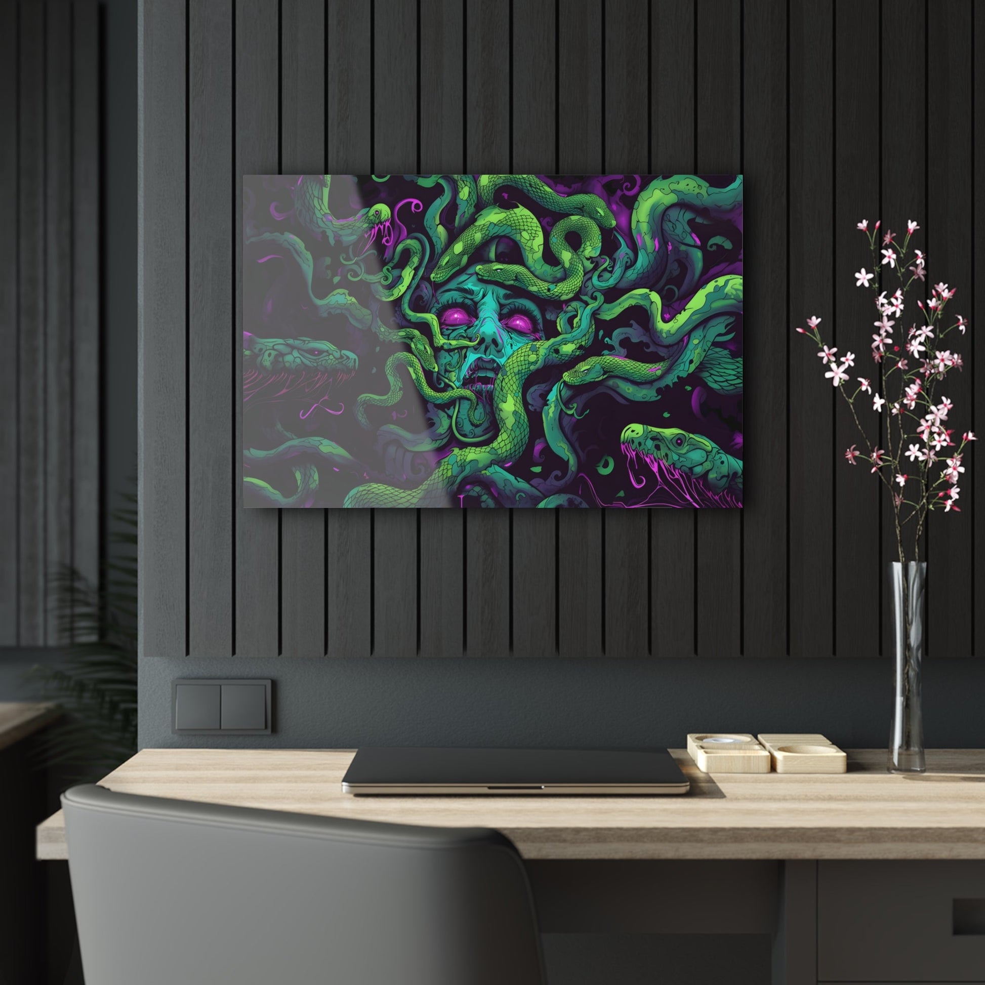 Horizontal-oriented artwork: An eerie digital illustration depicting the mythical figure Medusa, with vivid green and purple hues. Medusa's captivating gaze is surrounded by swirling, eldritch energies, evoking an aura of mystery and allure.