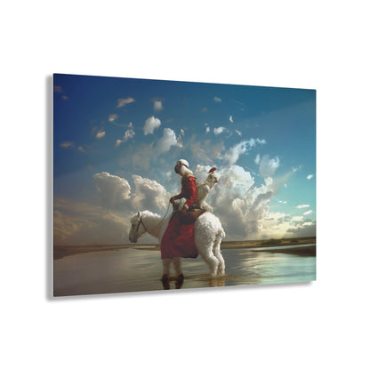 Horizontal-oriented wall art: A surreal photorealistic artwork featuring a monkey dressed in a red top and brown boots riding a white alpaca through shallow water in the desert. The monkey is accompanied by a red bird and a white parrot, all under a cloudy blue sky.