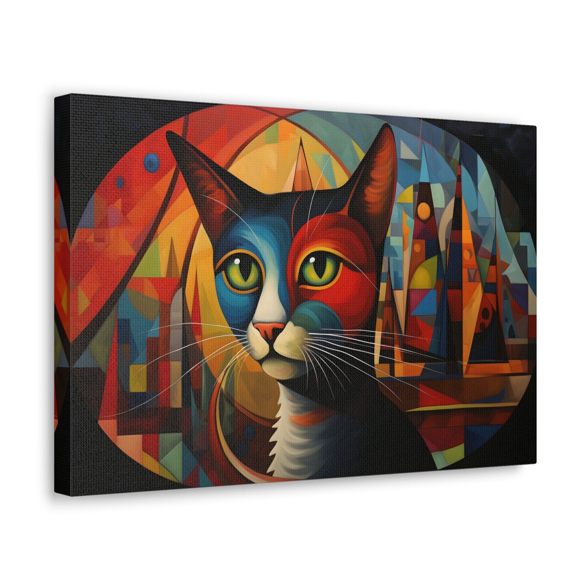 Horizontal-oriented wall art: A vibrant, abstract portrayal of a cat featuring dynamic angles and bold geometric shapes, rendered in rich, saturated colors. The composition captures the essence of the feline’s curiosity and grace, offering a modernist perspective on the animal world.