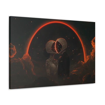 Horizontal-oriented wall art: Two astronauts, dressed in a tuxedo and a wedding dress, share a romantic kiss in space with their helmets forming a glowing heart shape. The dark, starry sky and the bright, orange-red halo create a whimsical and dreamy atmosphere.