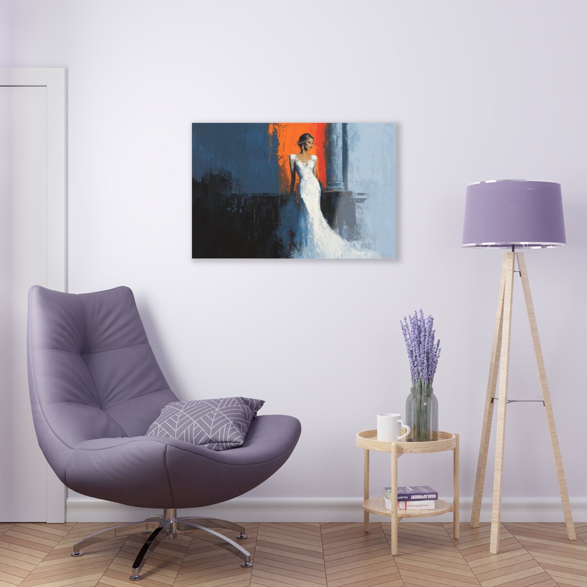 Horizontal-oriented wall art: "Ivory Vision." A poised woman stands gracefully in an ivory gown, illuminated by warm light against a vibrant orange and cool blue background. The palette knife painting technique enhances the textured details, evoking elegance and serenity.