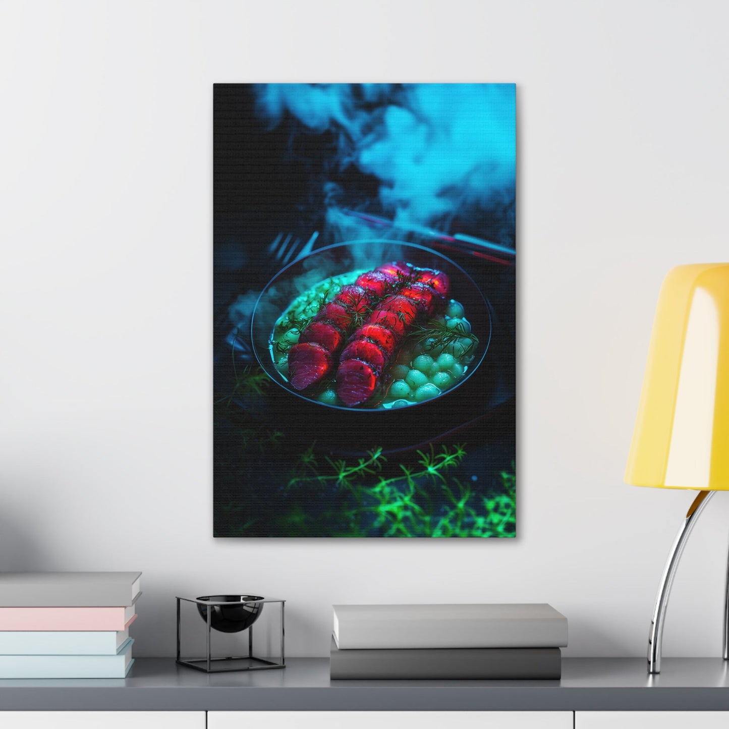 Vertical-oriented wall art: "Xeno Cuisine II." A glowing plate of vibrant red alien meat and bioluminescent green vegetables sits on a dark, misty backdrop. The surreal lighting and vivid colors evoke a futuristic, otherworldly atmosphere.