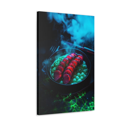 Vertical-oriented wall art: "Xeno Cuisine II." A glowing plate of vibrant red alien meat and bioluminescent green vegetables sits on a dark, misty backdrop. The surreal lighting and vivid colors evoke a futuristic, otherworldly atmosphere.