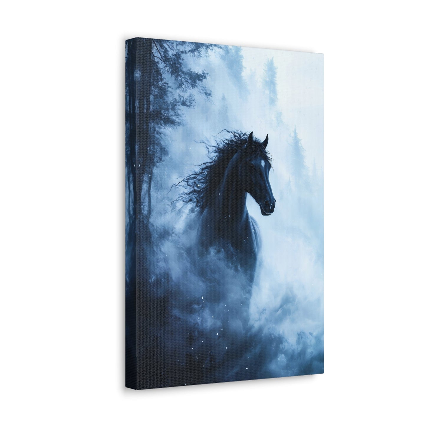 Vertical-oriented wall art: "Shadowed Stallion IV" A powerful black stallion charges through a misty forest, its mane flowing wildly as snow swirls around it. The contrast between the horse's dark figure and the soft, ethereal fog creates a striking, otherworldly scene.