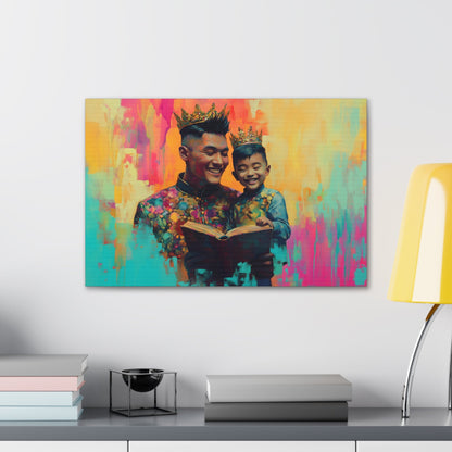 Horizontal-Oriented wall art: "Crowning Knowledge V" depicts a joyful father and son wearing golden crowns, smiling as they share a moment of reading together against a vibrant, abstract background of pinks, oranges, and blues. The artwork blends detailed portraiture with a playful, colorful backdrop, capturing the warmth and happiness of family bonds.