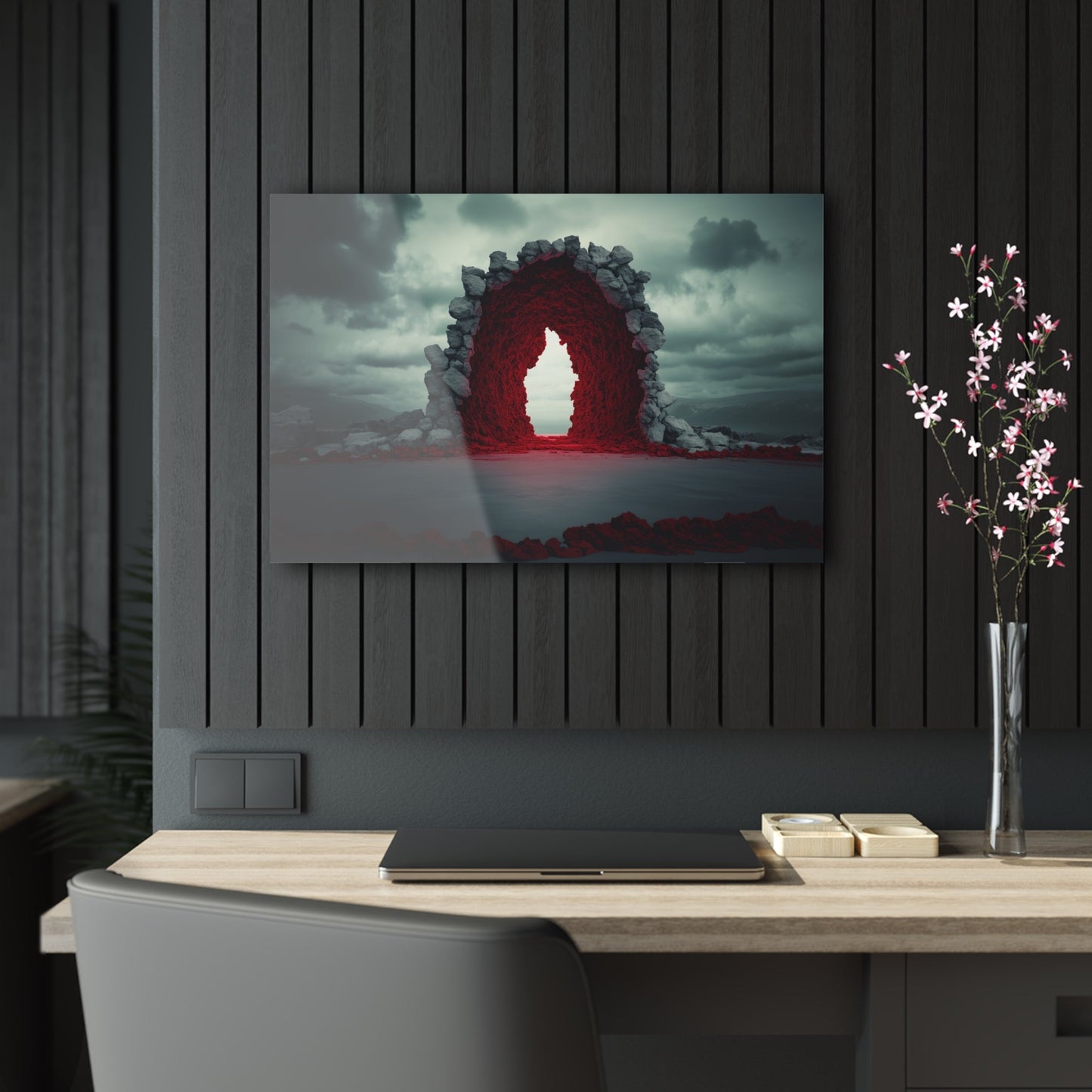 Horizontal-oriented wall art: "Portal of Possibilities" A glowing red portal framed by jagged stone stands in a barren landscape under a moody, overcast sky. The surreal scene evokes mystery and possibility, as if the gateway leads to another dimension.