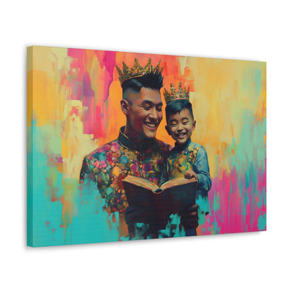 Horizontal-Oriented wall art: "Crowning Knowledge V" depicts a joyful father and son wearing golden crowns, smiling as they share a moment of reading together against a vibrant, abstract background of pinks, oranges, and blues. The artwork blends detailed portraiture with a playful, colorful backdrop, capturing the warmth and happiness of family bonds.