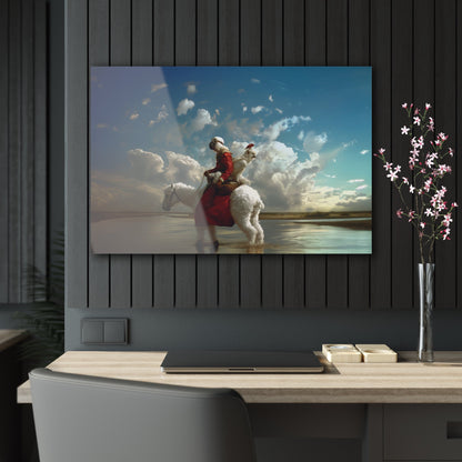 Horizontal-oriented wall art: A surreal photorealistic artwork featuring a monkey dressed in a red top and brown boots riding a white alpaca through shallow water in the desert. The monkey is accompanied by a red bird and a white parrot, all under a cloudy blue sky.