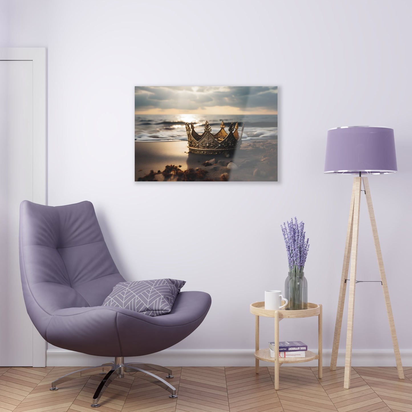 Horizontal-oriented wall art: "Find Your Crown" A golden crown rests gracefully on a sandy shore, illuminated by the warm glow of a sunset over gentle ocean waves. This evocative scene symbolizes self-discovery and the pursuit of inner majesty.