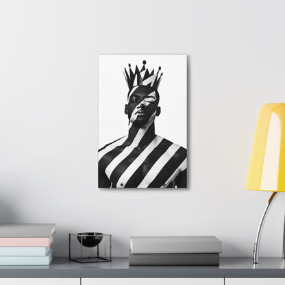 Vertical-oriented wall art: "Crown of Dignity II" A regal portrait of a man wearing a bold, geometric crown, with black and white stripes painted across his face and body. The minimalist composition emphasizes strength, elegance, and cultural pride in a modern, abstract style.