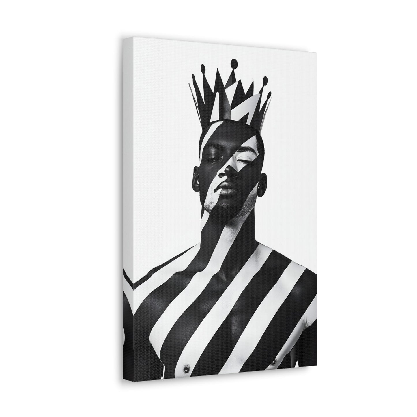 Vertical-oriented wall art: "Crown of Dignity II" A regal portrait of a man wearing a bold, geometric crown, with black and white stripes painted across his face and body. The minimalist composition emphasizes strength, elegance, and cultural pride in a modern, abstract style.