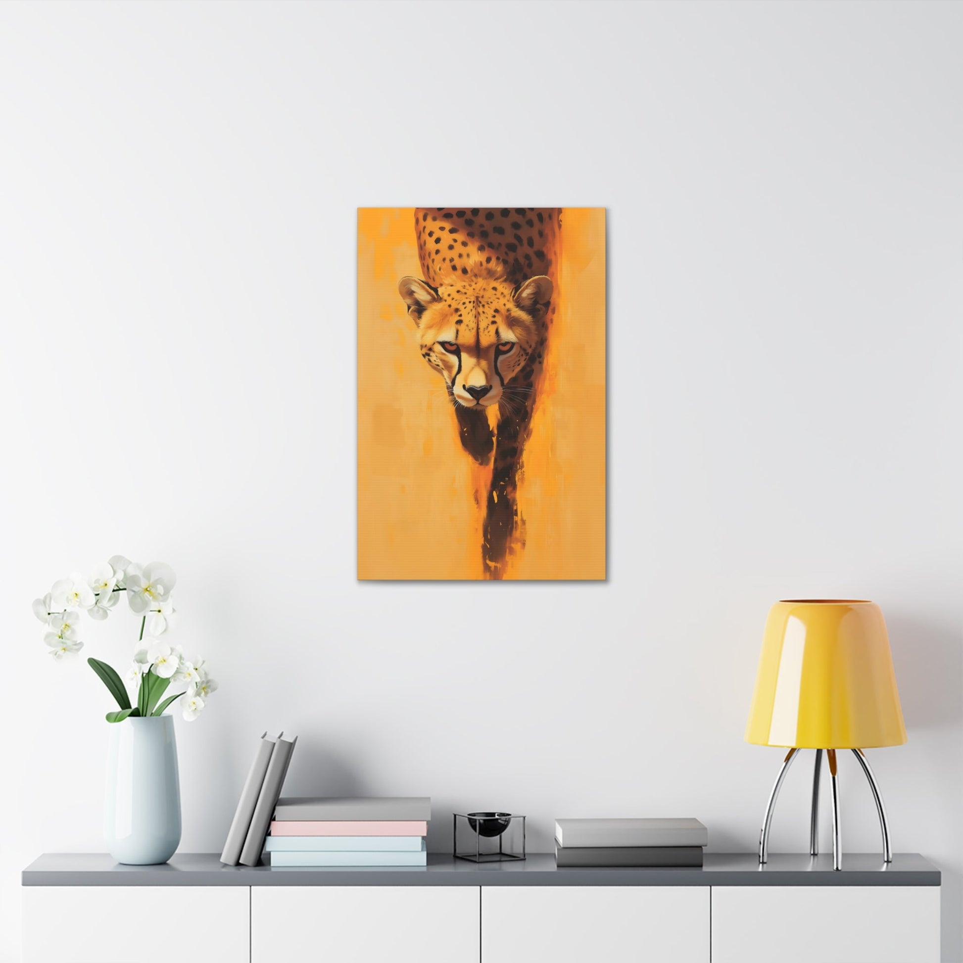 Vertical-oriented wall art: A striking portrait of a cheetah, set against a vibrant orange background, captures the animal’s focused gaze and sleek body as it moves forward. The minimalistic backdrop with dynamic brushstrokes accentuates the cheetah’s speed and agility, while its realistic details stand out in contrast to the abstract surroundings.