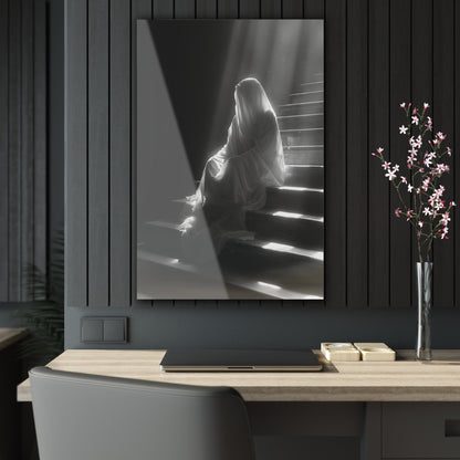 Vertical-oriented wall art: An eerie depiction of a ghostly apparition, its translucent form sitting on stairs, surrounded by a soft, ethereal glow.