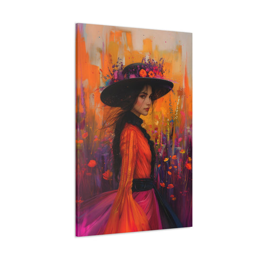 Horizontal-oriented wall art: A stunning impressionistic portrait of a woman in a vibrant orange dress and a black hat adorned with flowers, set against an abstract floral background. The rich, warm colors and expressive brushstrokes create a whimsical and enchanting atmosphere.