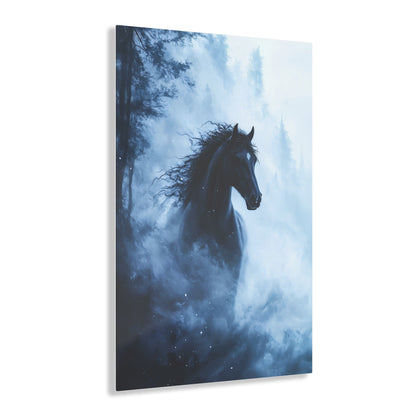 Vertical-oriented wall art: "Shadowed Stallion IV" A powerful black stallion charges through a misty forest, its mane flowing wildly as snow swirls around it. The contrast between the horse's dark figure and the soft, ethereal fog creates a striking, otherworldly scene.