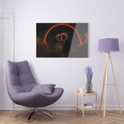 Horizontal-oriented wall art: Two astronauts, dressed in a tuxedo and a wedding dress, share a romantic kiss in space with their helmets forming a glowing heart shape. The dark, starry sky and the bright, orange-red halo create a whimsical and dreamy atmosphere.