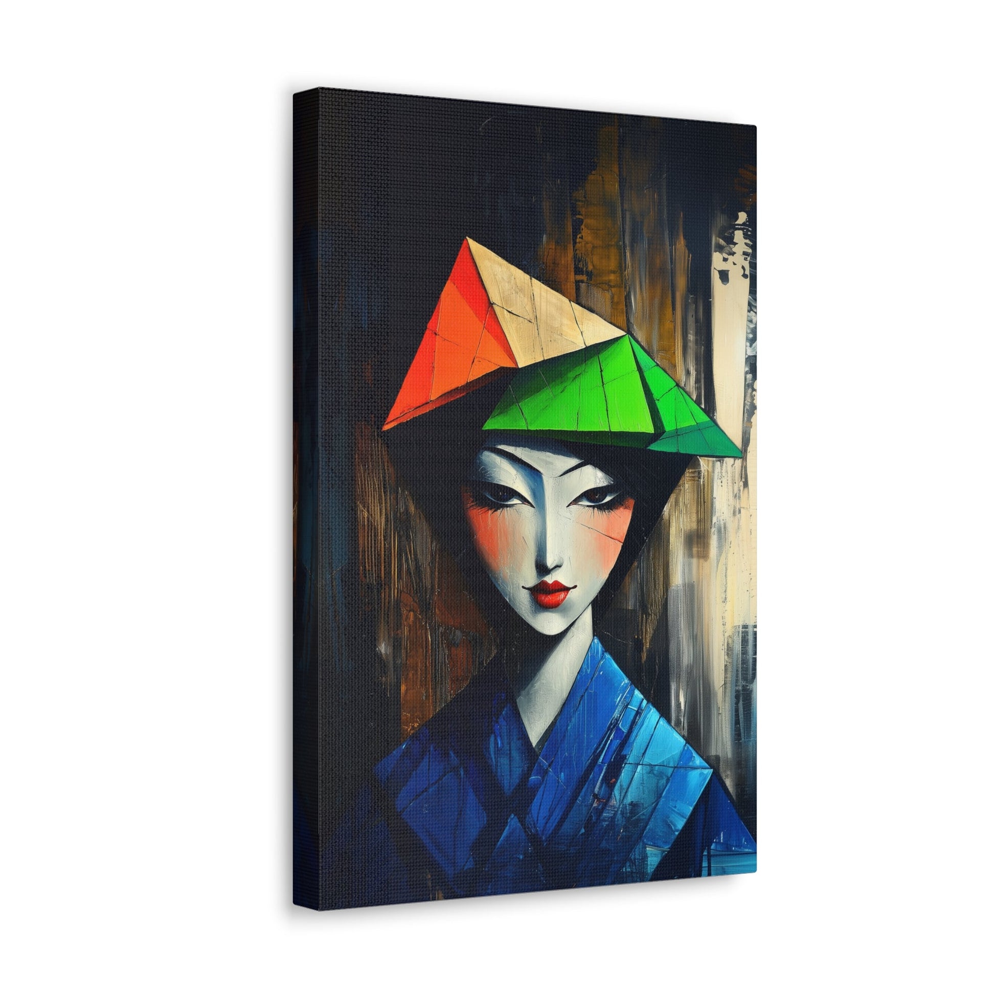 Vertical-oriented wall art: "Fractured Elegance." An Asian woman in traditional attire is depicted in a Cubist style, her serene expression framed by angular geometric shapes in blue, green, and orange. Dramatic lighting highlights the vibrant palette and intricate textures, creating a sophisticated and ethereal composition.