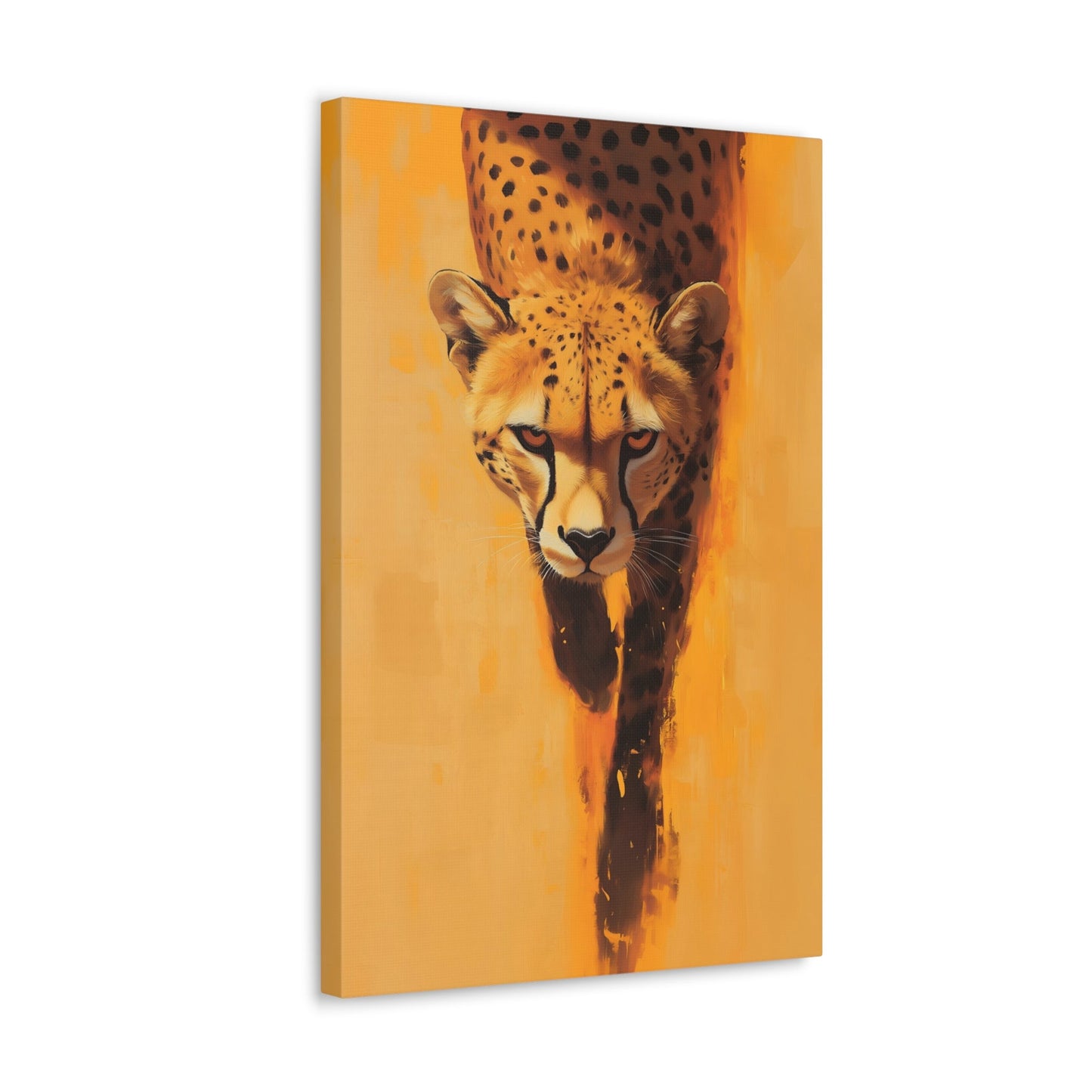 Vertical-oriented wall art: A striking portrait of a cheetah, set against a vibrant orange background, captures the animal’s focused gaze and sleek body as it moves forward. The minimalistic backdrop with dynamic brushstrokes accentuates the cheetah’s speed and agility, while its realistic details stand out in contrast to the abstract surroundings.