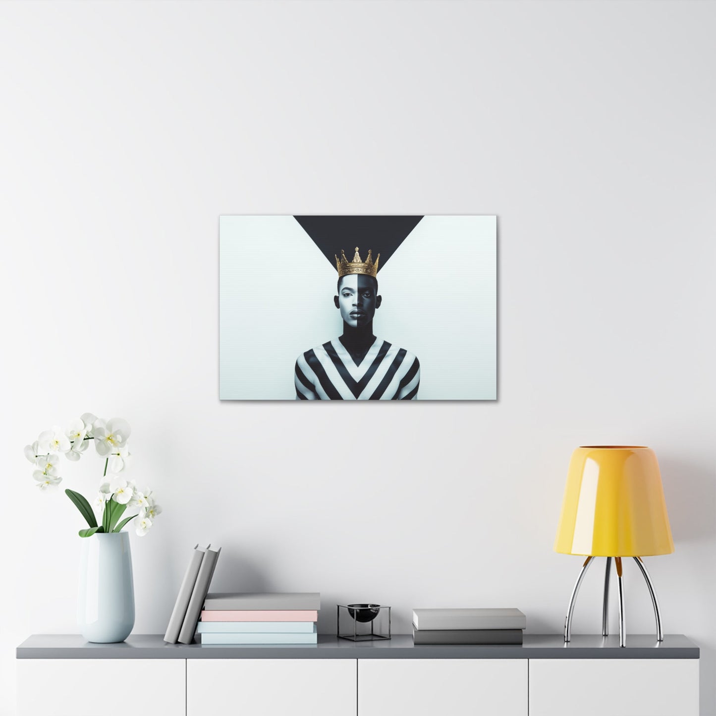 Horizontal-oriented wall art: "Crown of Dignity" A powerful portrait of a man wearing a golden crown, his face divided into bold black-and-white halves symbolizing balance and duality. The geometric background enhances the striking composition, blending regal elegance with modern precision.