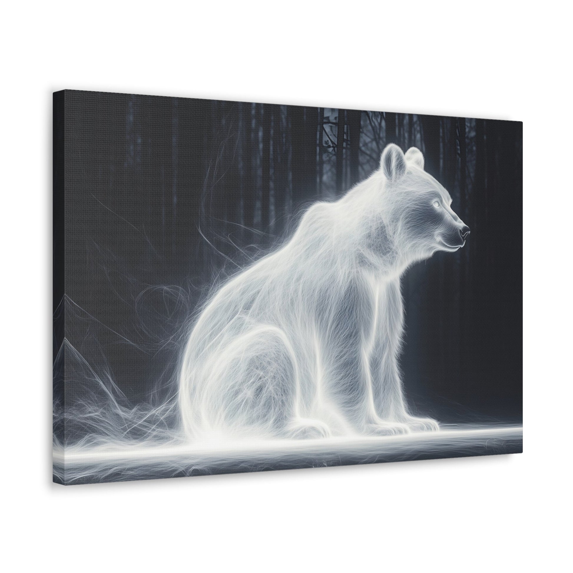 Horizontal-oriented wall art: "Glowing Guardian III" A luminous bear sits serenely in a dark forest, surrounded by a soft, glowing aura that illuminates its form. The ethereal light effect creates a mystical atmosphere, highlighting the bear's calm and protective presence against the shadowy background.