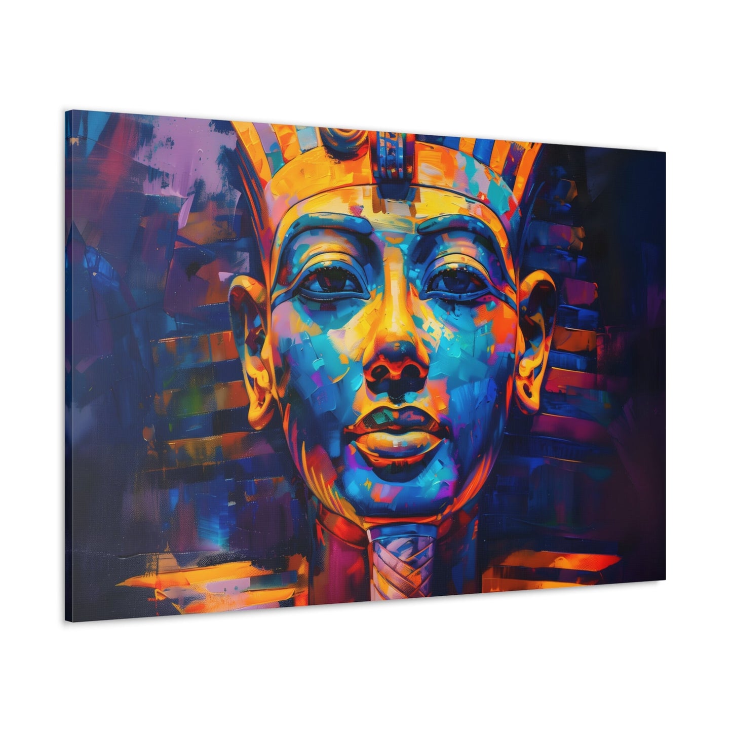 Horizontal-oriented wall art: A regal portrait of King Tutankhamun, depicted with a golden headdress and adorned with ornate jewelry, exuding an aura of majesty and power.