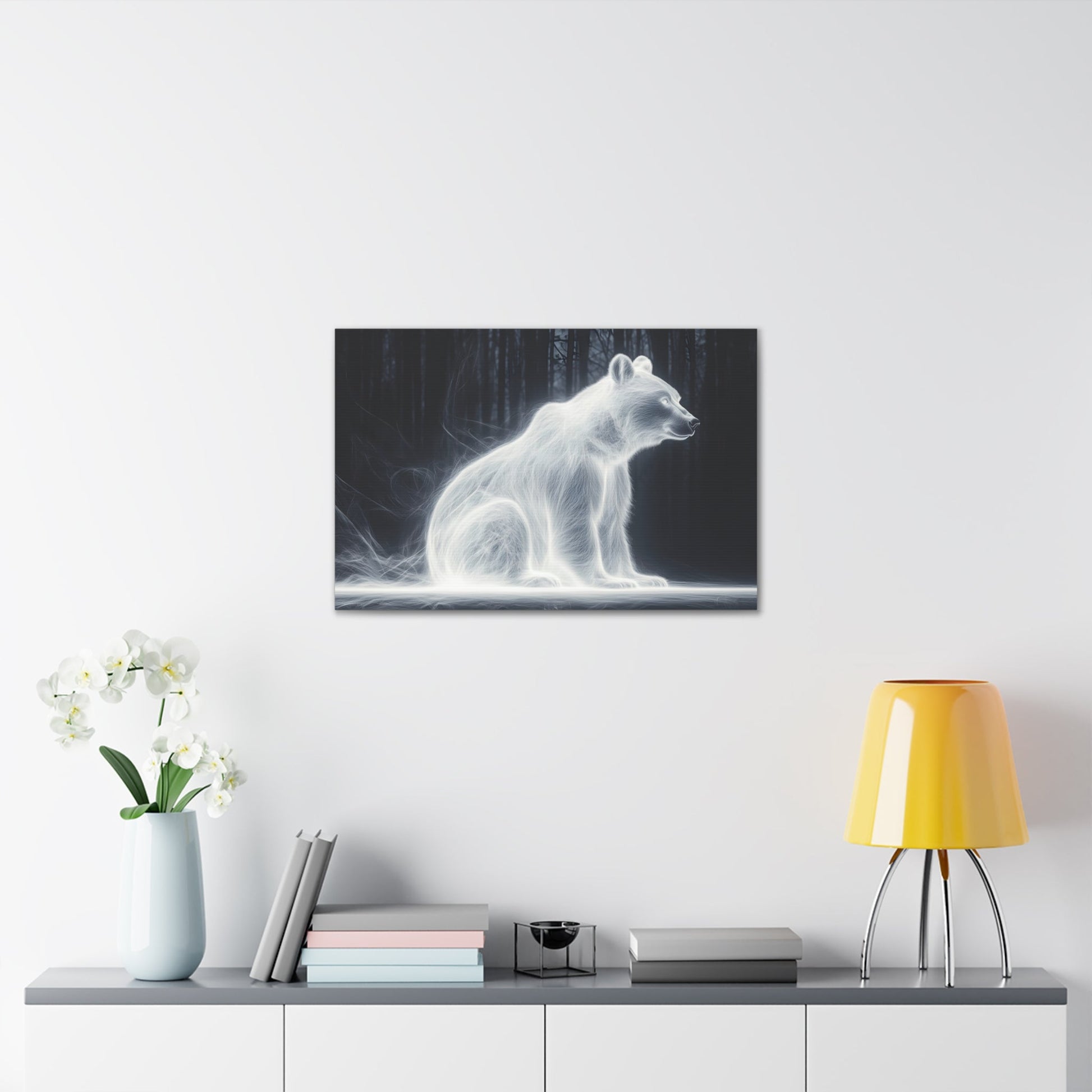 Horizontal-oriented wall art: "Glowing Guardian III" A luminous bear sits serenely in a dark forest, surrounded by a soft, glowing aura that illuminates its form. The ethereal light effect creates a mystical atmosphere, highlighting the bear's calm and protective presence against the shadowy background.